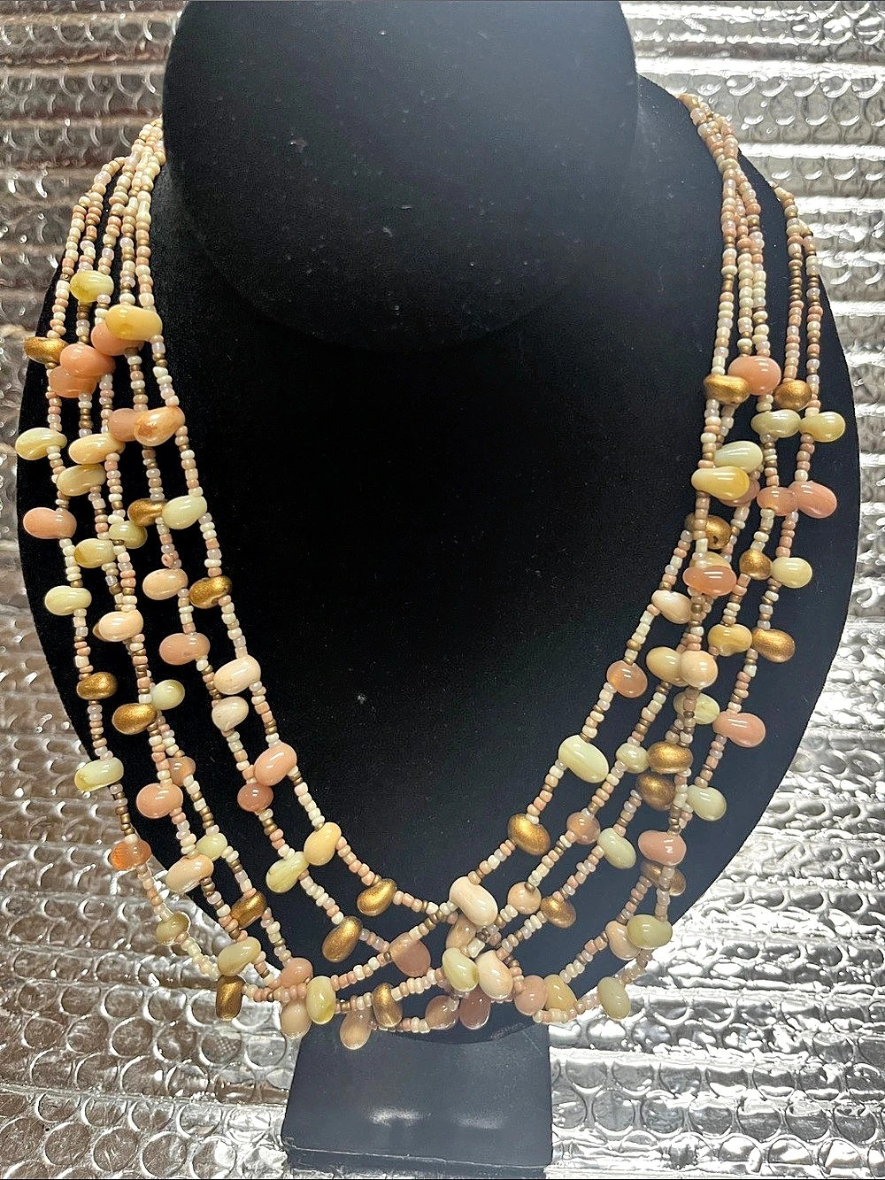 Layered Beaded Statement Necklace in Tan & Green